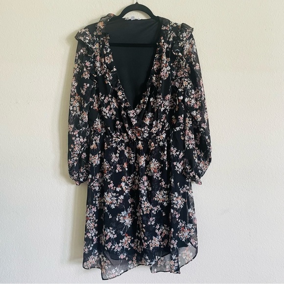 Time and Tru floral fall mini dress Medium black chiffon ruffle sleeves feminine - Picture 1 of 11